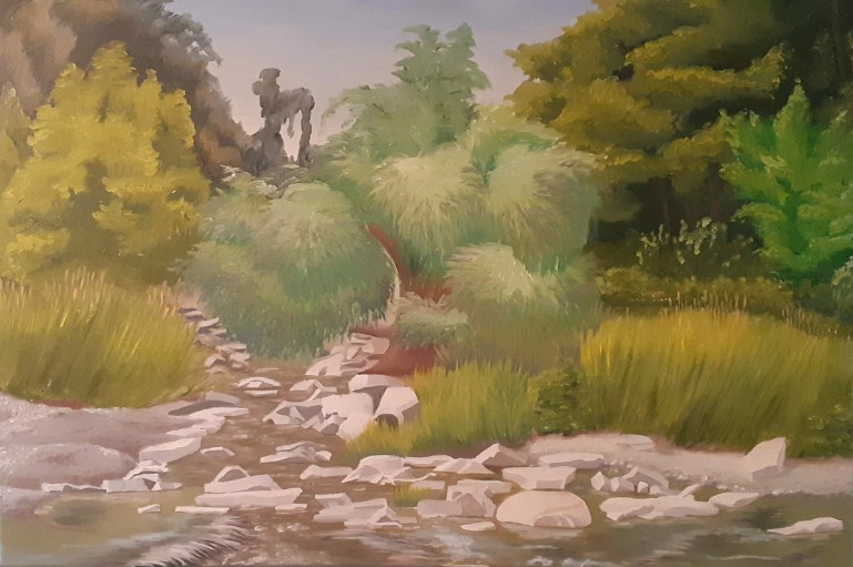 Painting, work in progress, stoney creek bed lined by trees and grasses