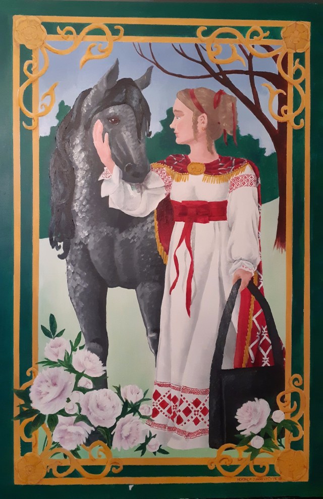 Young woman in a white dress with dapple grey horse and peonies at her feet