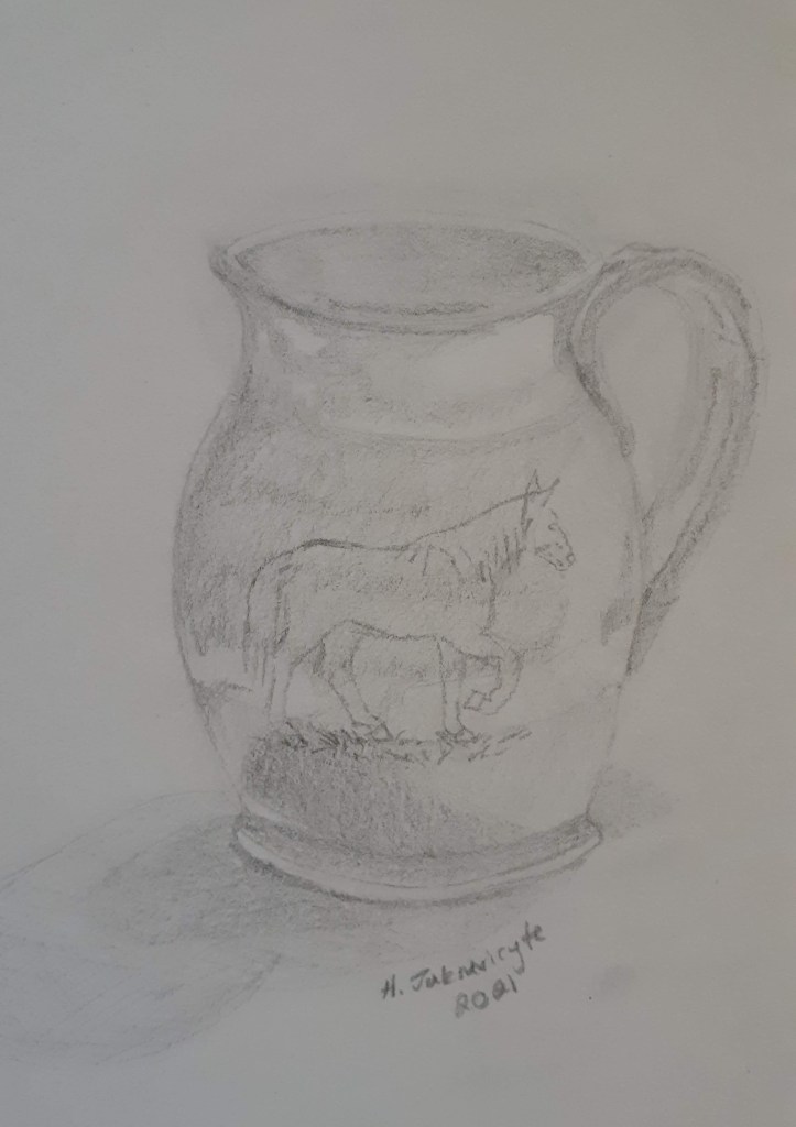 Black and white drawing of a ceramic mug with a horse on it.