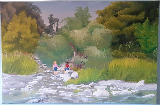 2 children playing among the rocks in a creek while a third child runs to join them.